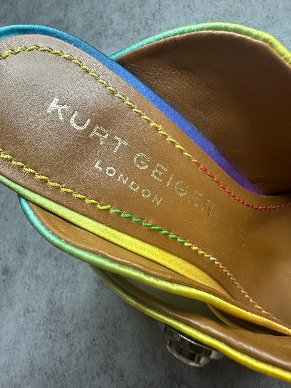 Kurt Geiger Rainbow Ombré Satin Pointed-Toe Mule Heels with Jeweled Straps - Picture 3 of 7